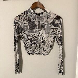 Women's Shelly Size M Long Sleeve Newspaper Article Crop Top Mesh Sheer Blouse